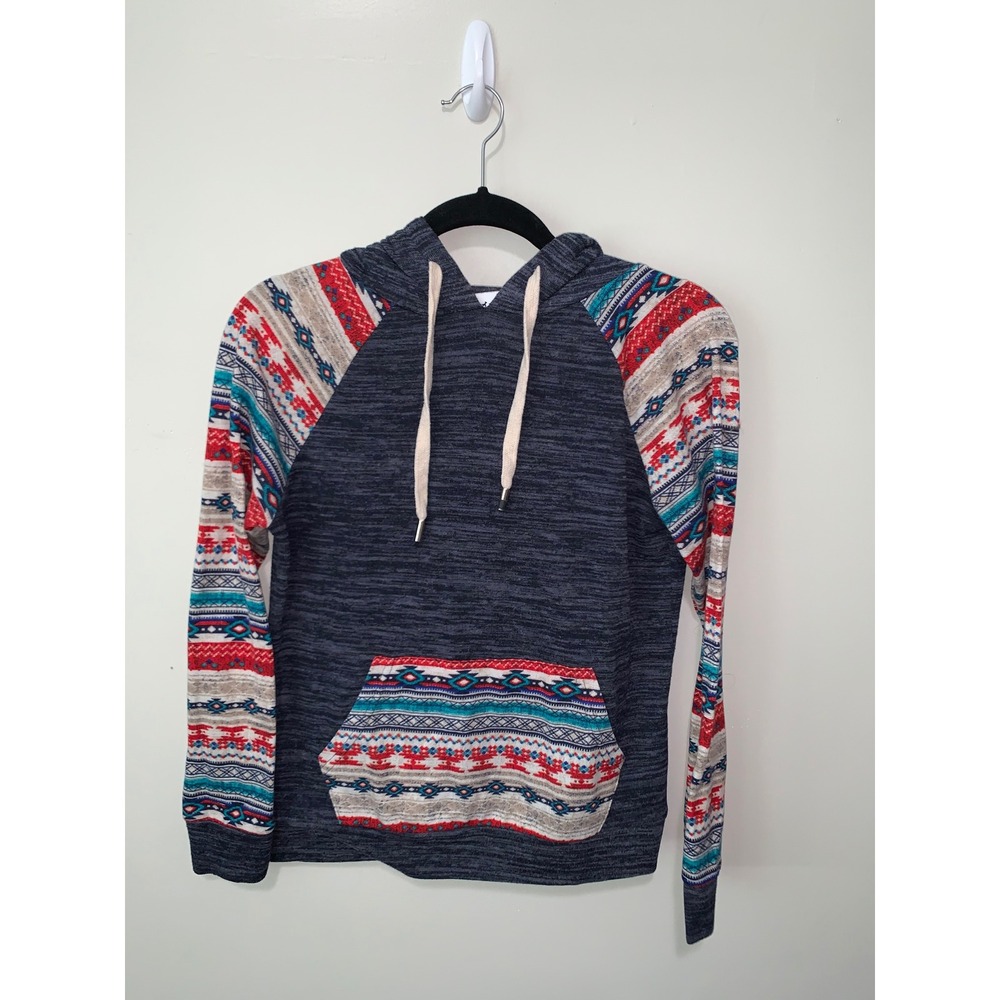 Back In The Saddle Womens Small Aztec Print Raglan Hoodie Southwestern Charcoal